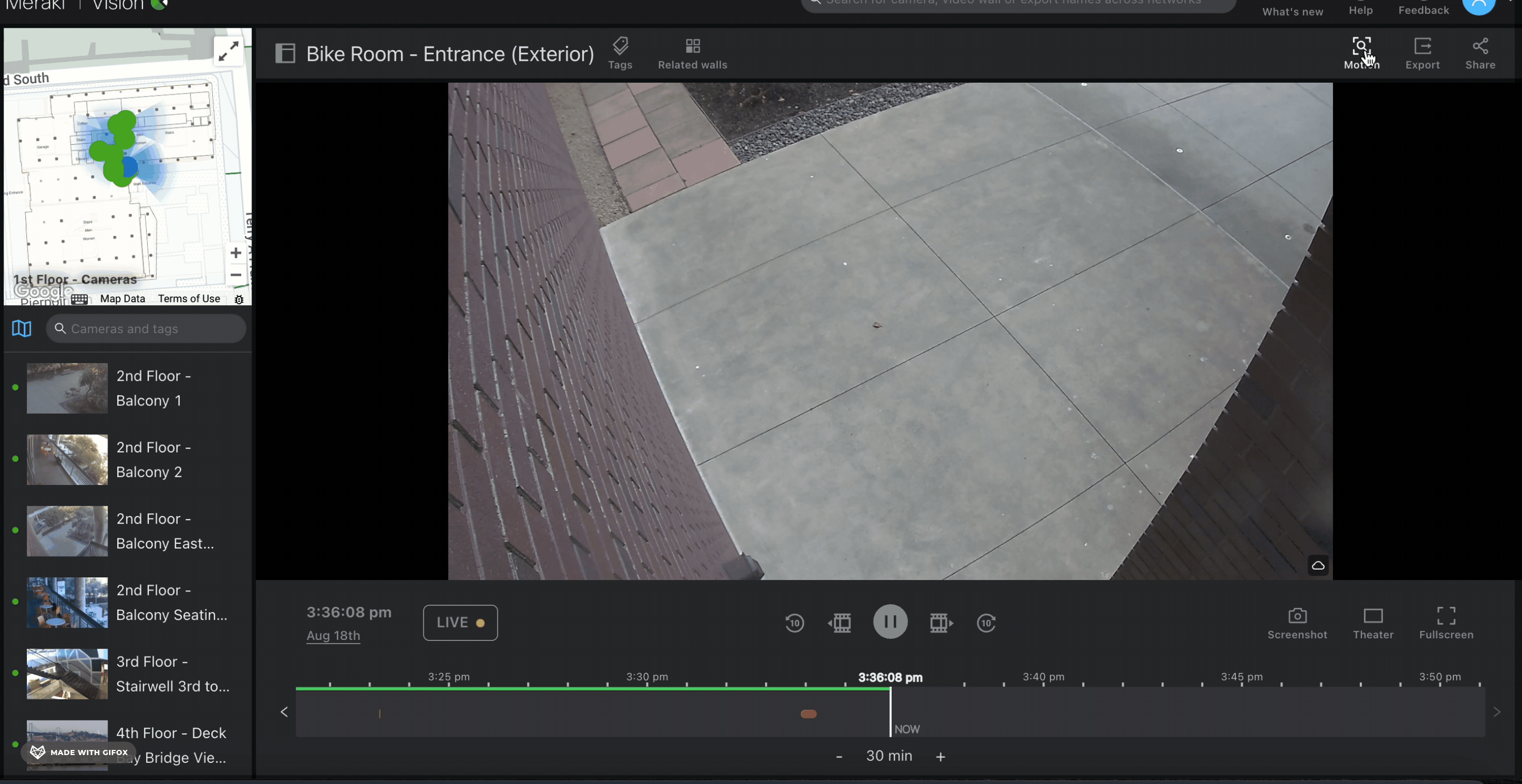 This gif illustrates how users can access the Event Search feature from an individual camera or video wall page.