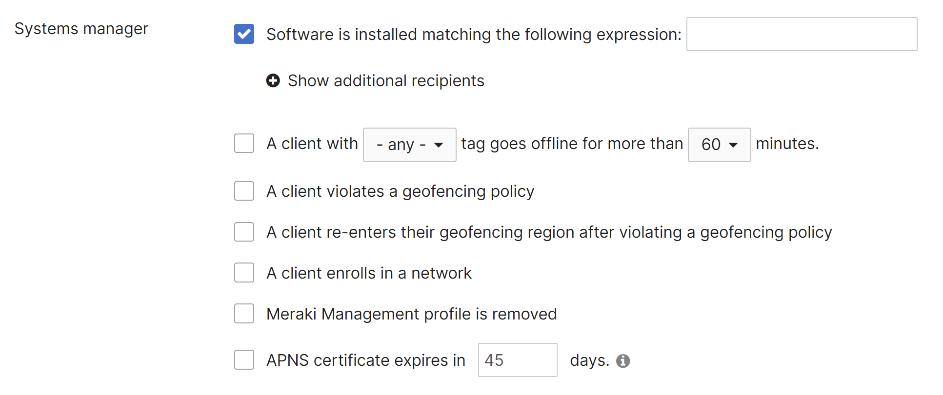 Systems manager alert settings under Network-wide > Configure > Alerts