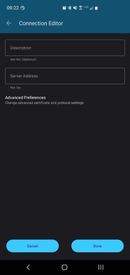 Android option to create a new connection within the Secure Client application. Connection editor for manually creating a connection.