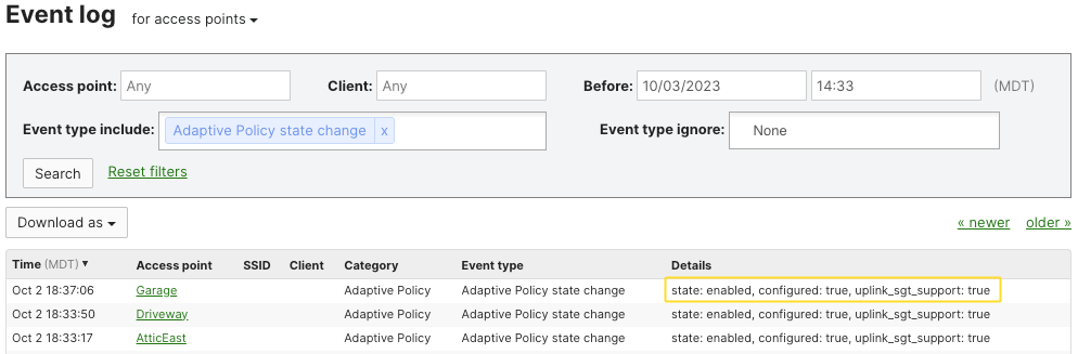 Event log for access points for adaptive policy