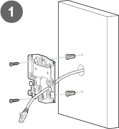 Step 1 mounting instructions. Picture includes indicators of where 2 screws should be positioned when screwing the mounting plate and wall.