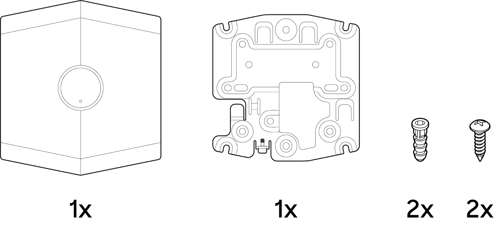 Package contents with pictures showing a wall mount backplate, 2 mounting screws, 2 drywall anchors and 1 self-retaining security screw.