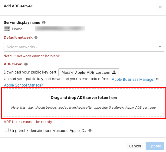 Renewing a ADE token step 8. The drag and drop ADE server token section is highlighted.