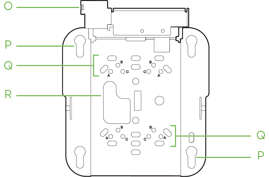 Mounting bracket with  O - Security Hasp (left 1st from the top)  P - 2x Access Point Mounting Keyholes  (left 2nd from the top and right 1st from bottom) Q- 2x  T-rail attachment points (left 3rd from the top and right 2nd from bottom) R - Cable access slot (left 4th from the top) 