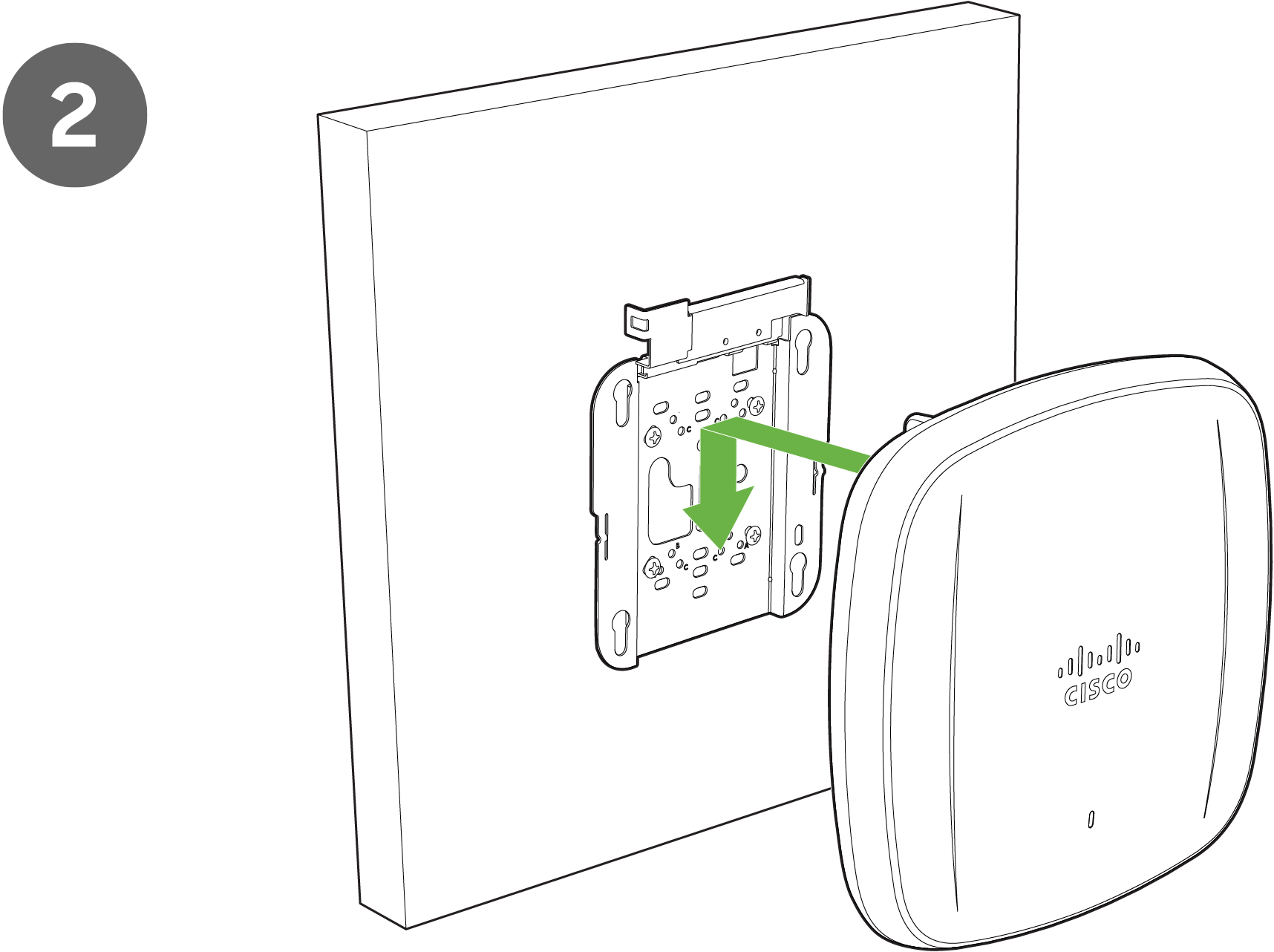 Image showing attaching the AP to the universal mounting bracket properly, with an arrow showing how to align the access point feet over the keyhole mounting slots on the mounting bracket.