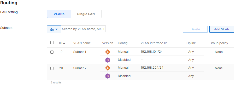 Picture of Meraki Dashboard settings for Configuring Addressing and VLAN Subnets