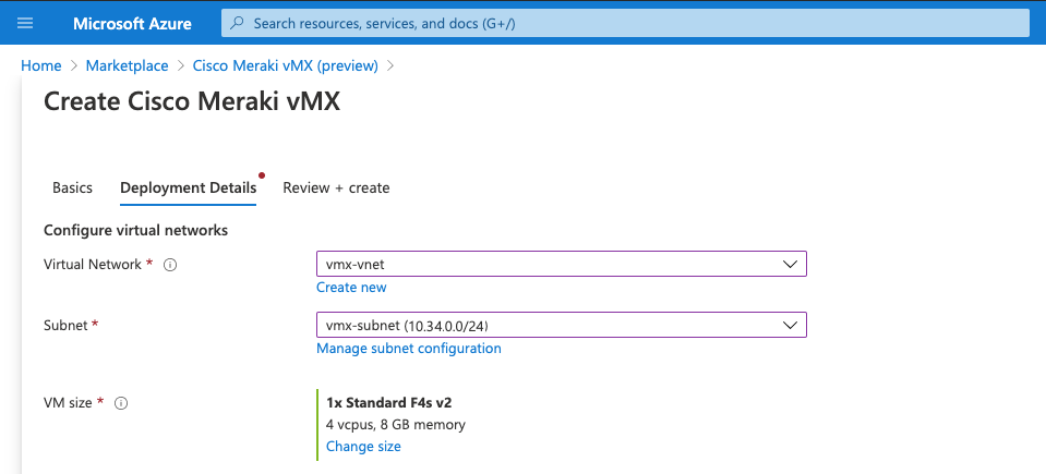 Picture of Azure options to create a Cisco Meraki vMX device