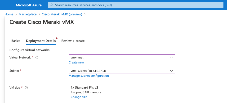 Picture of Azure options to create a Cisco Meraki vMX device.