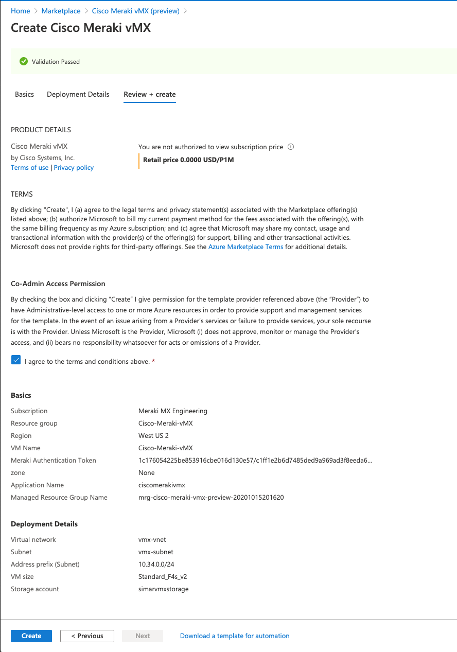 Picture of the confirmation for creating an Azure vMX in Azure