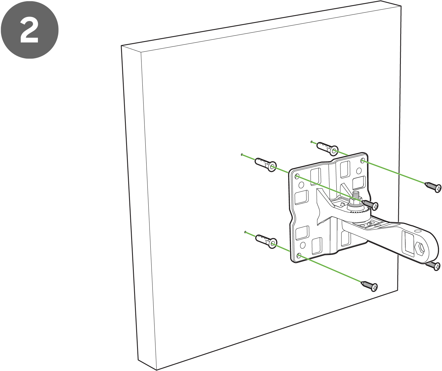 Image showing attachment of the wall mounting flange to the wall or ceiling using four M6 screws through the holes in the bracket