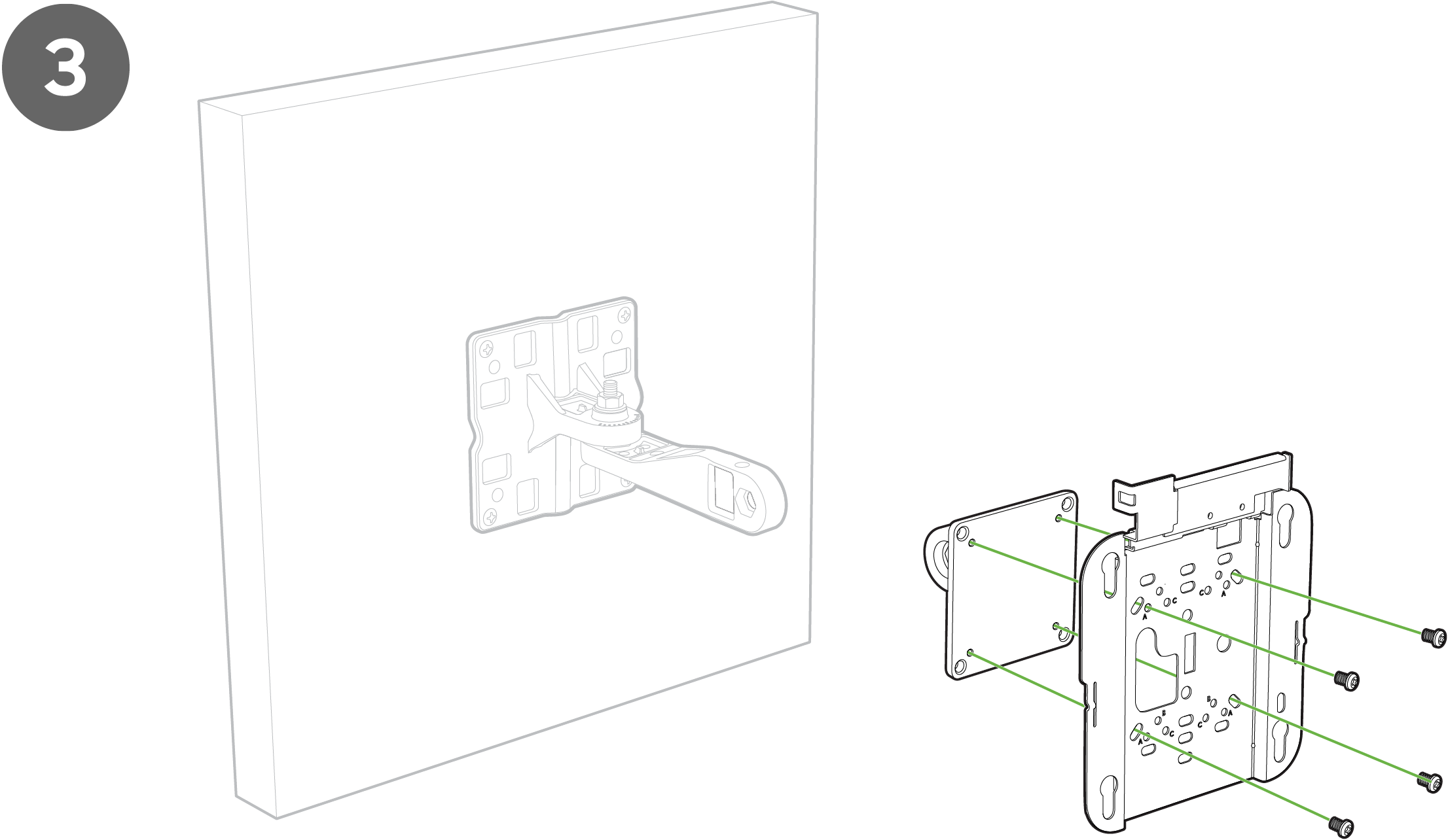 Image showing attachment of AIR-AP-BRACKET-2 to the access point bracket plate by using four M4 screws through the holes in the bracket