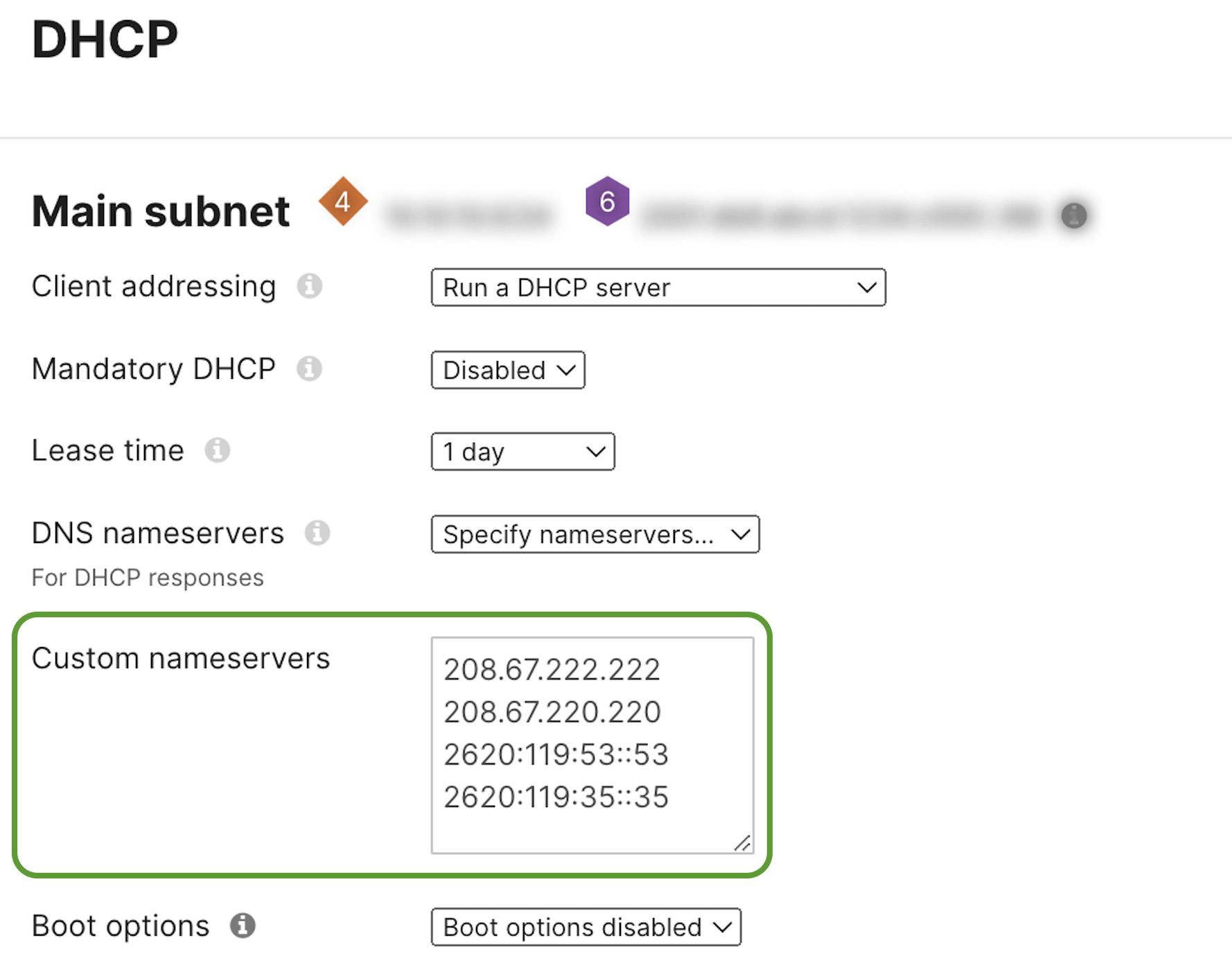 Go to Security & SD-WAN > Configure > DHCP page.  Input IPv6 address of your DNS sever in the the Custom nameservers field, this can be in addtion to any IPv4 DNS servers. 