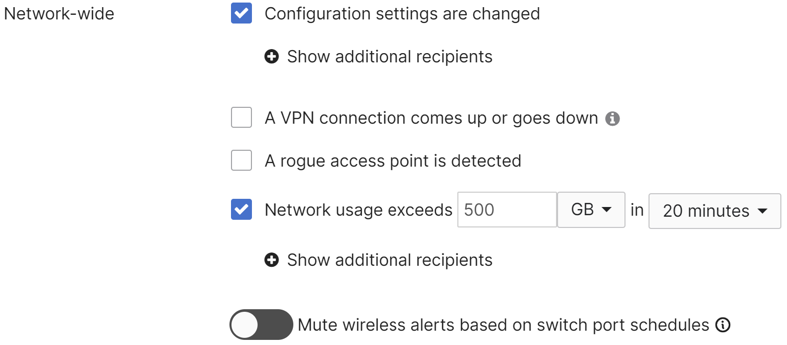 Network-wide alert settings under Network-wide > Configure > Alerts