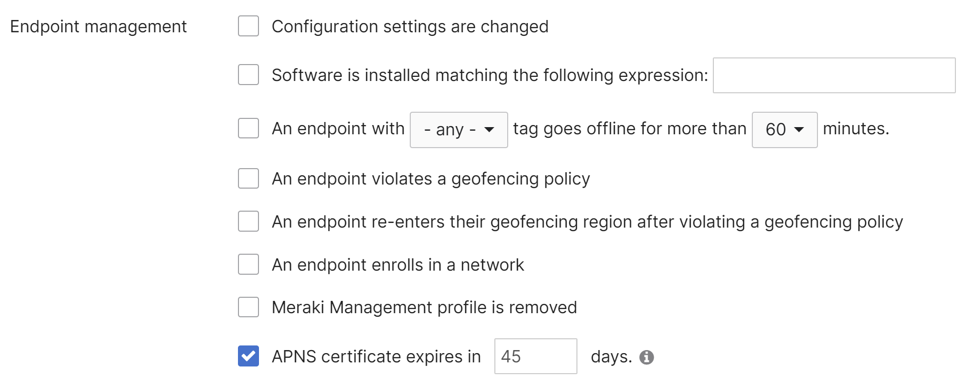 Systems manager Endpoint Management alert settings under Network-wide > Configure > Alerts