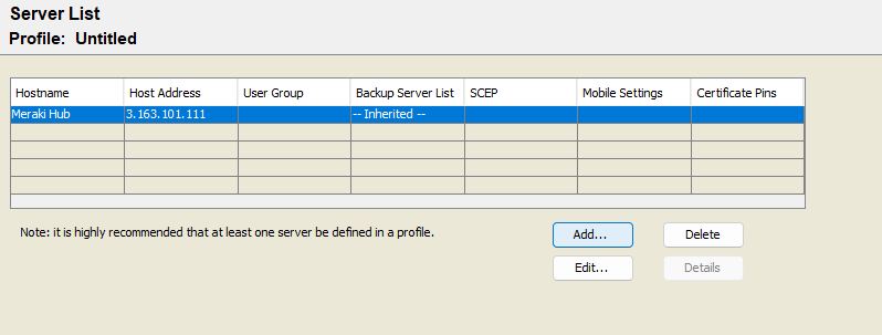 AnyConnect profile editor server list option to add and remove configured servers. 
