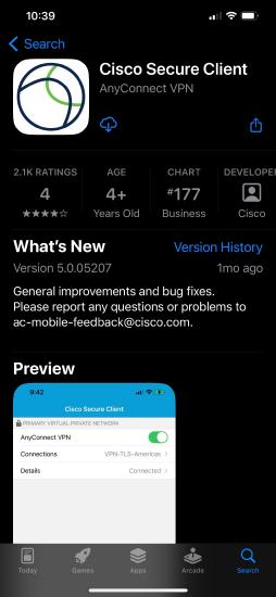 iOS app store option for Cisco Secure Client download. Application page with download button.