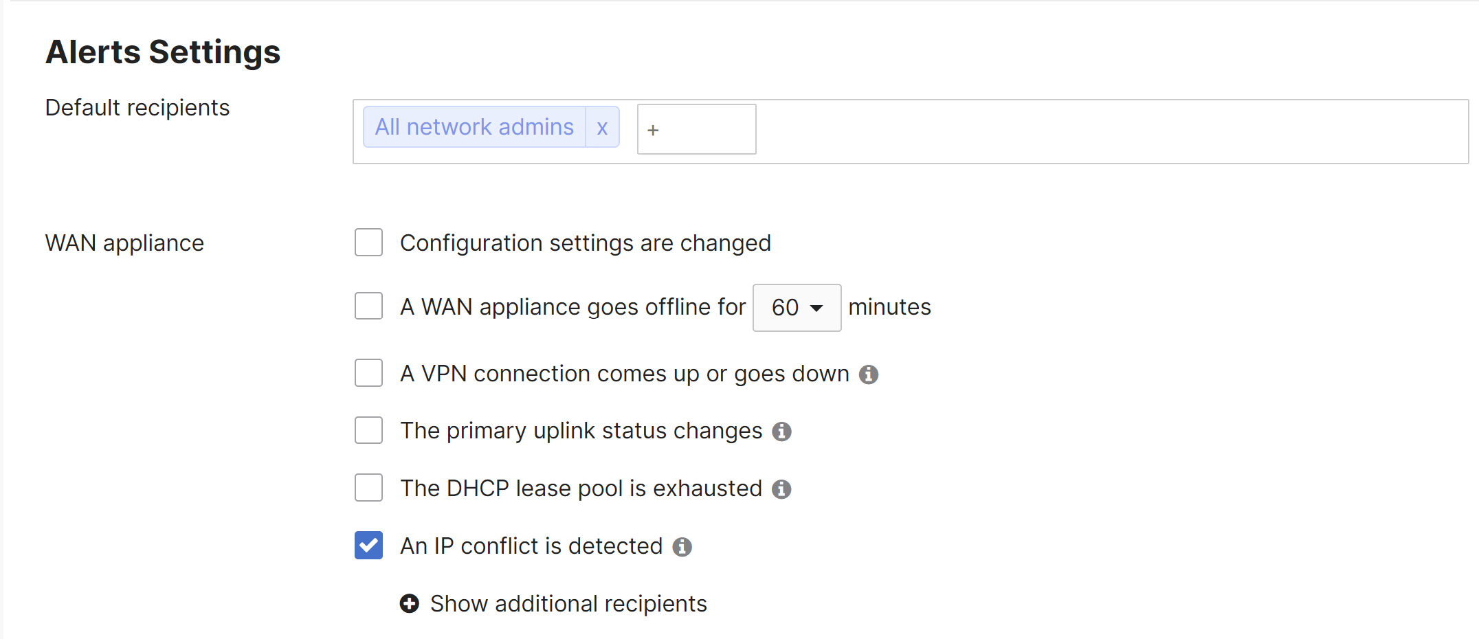 Network-wide Alerts for WAN appliance IP conflict detected