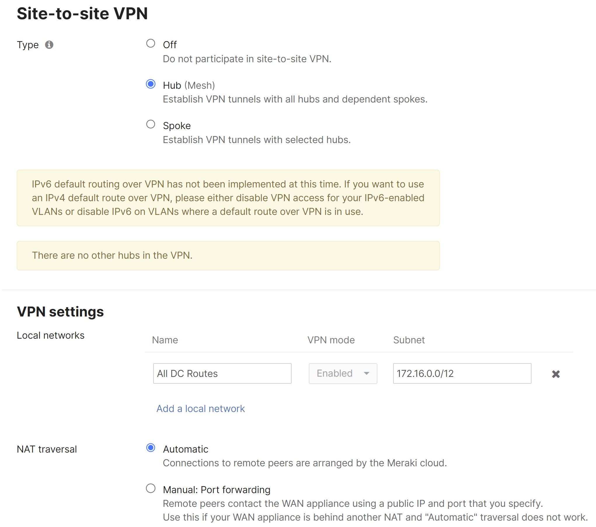 Site-to-site VPN enabled configuration