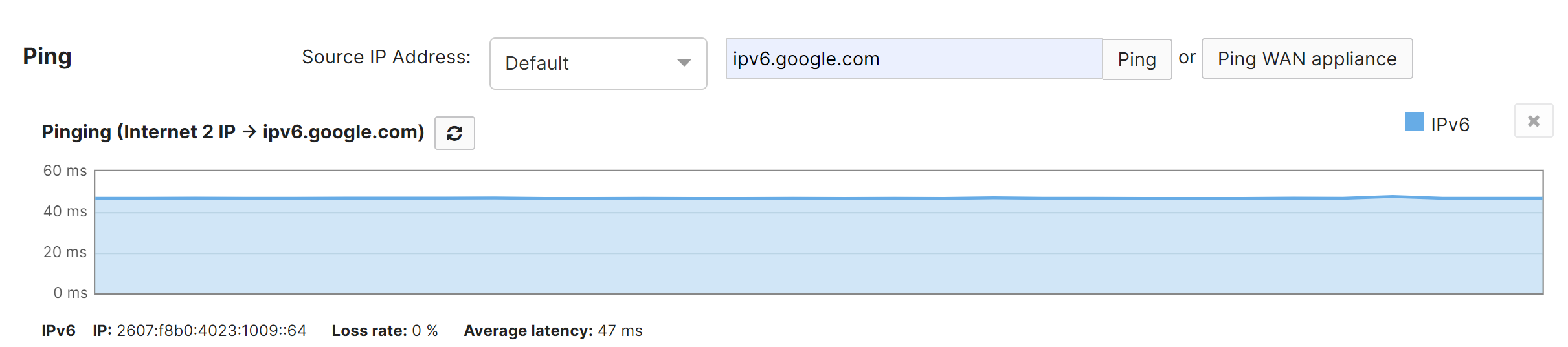 WAN appliance Ping Tool pinging Google IPv6 hostname