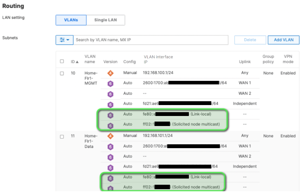 Link-Local and Solicited Node Multicast address information can be found under the Security & SD-WAN > Configure > Addressing & VLANs page, inline with the related IPv6 information for each VLAN. 