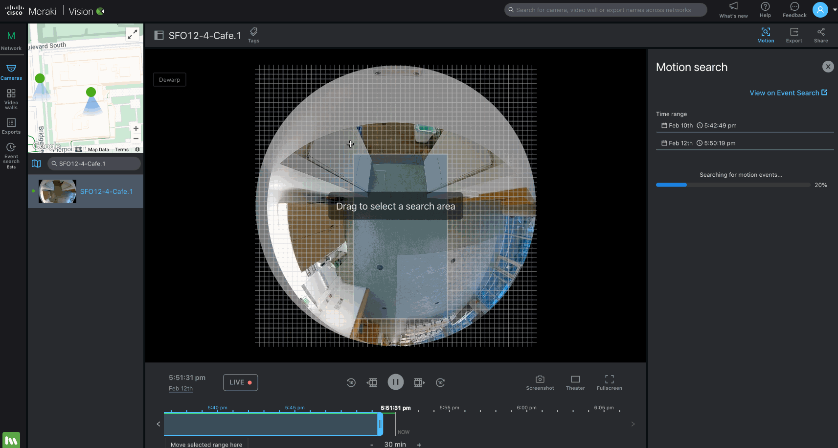 This GIF is displayed to demonstrate the Event Search feature on the Meraki MV33 camera.