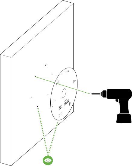 This image demonstrates the process of placing the mounting template on a surface and drilling six holes along with a center hole as marked, to prepare for the installation of the MV52 camera.