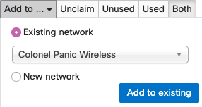 "Add to" menu with "Existing network" option selected