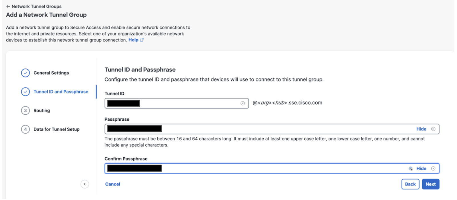 Configure tunnel id and passphrase for tunnel group