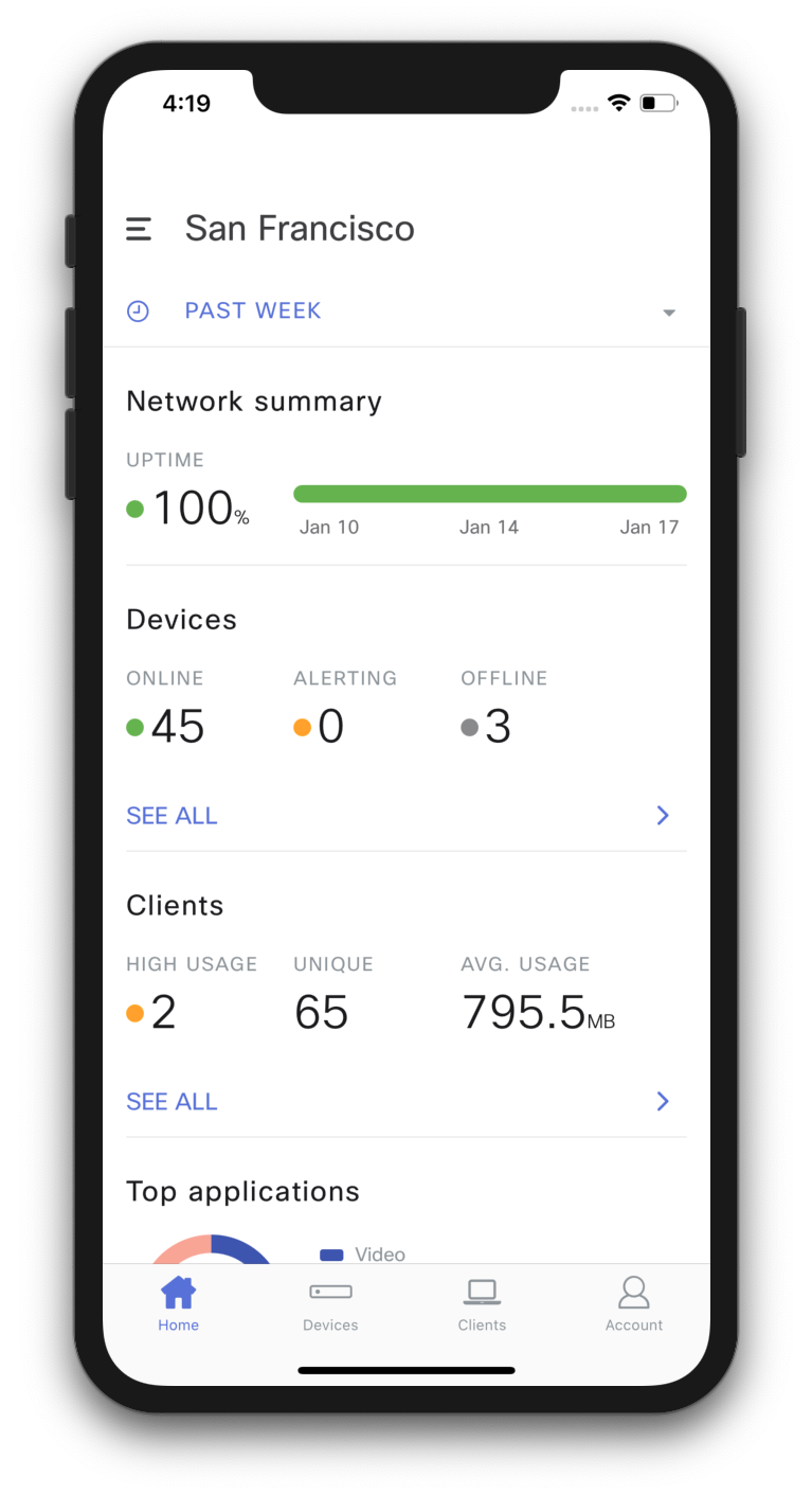 Screenshot of the Meraki Mobile app (beta)