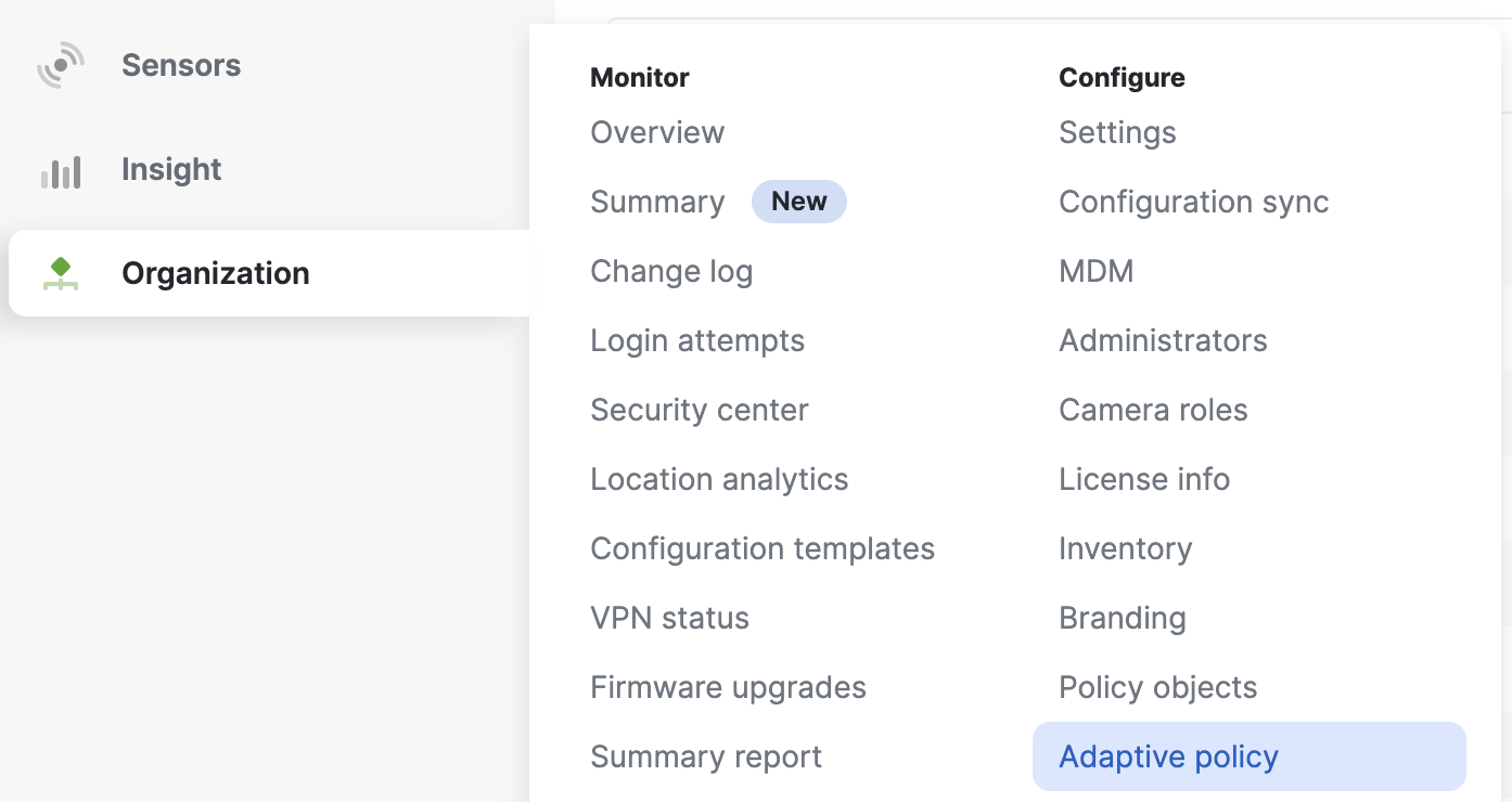 Organization > Configure > menu option for navigating to Adaptive policy.