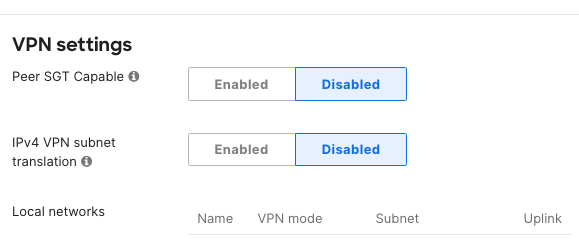 VPN settings menu to enable peer SGT capable.