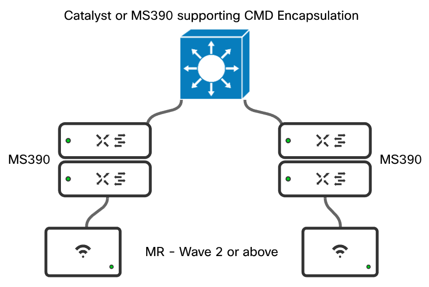 Catalyst or MS390 topology design supporting CMD Encapsulation.