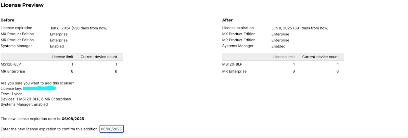 License preview displaying before and after license status, when adding a new license.