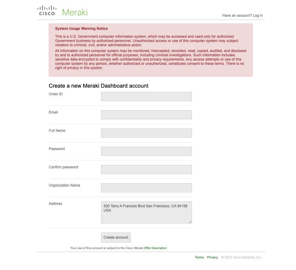 Form for creating a new Meraki dashboard account.