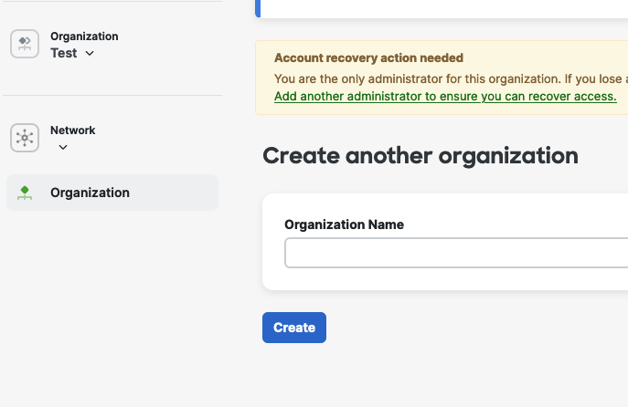 Entry box for organization name under create another organization menu option.