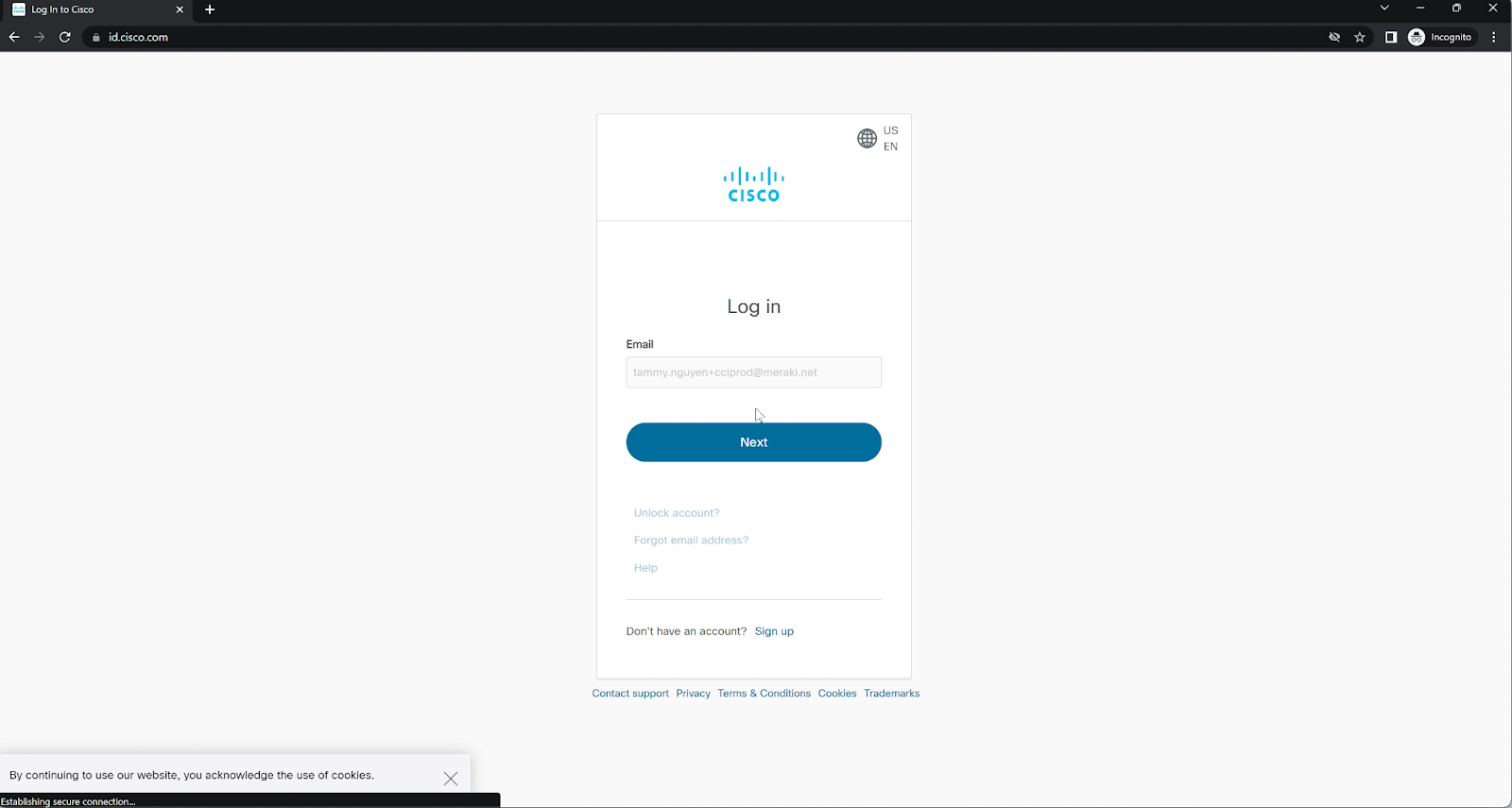 User is checked for Cisco SSO Account
