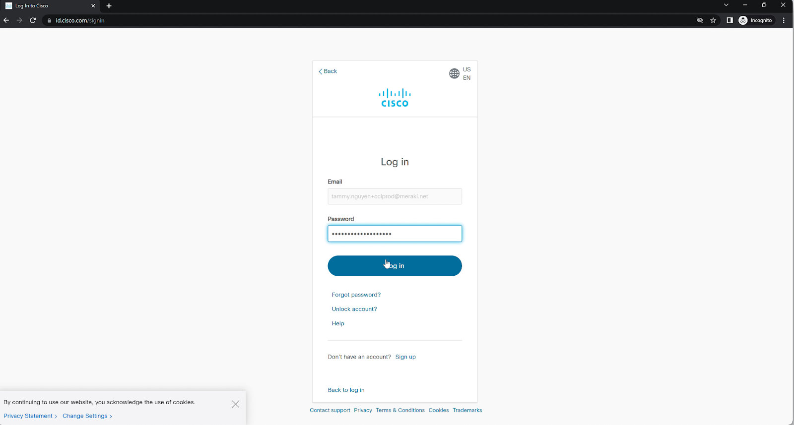 User gets redirected to Cisco login page for Authentication