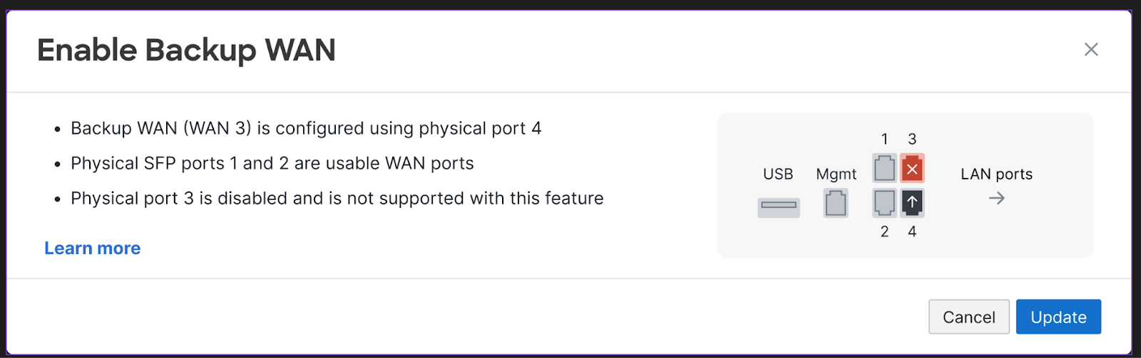 Enable backup WAN option in the Dashboard