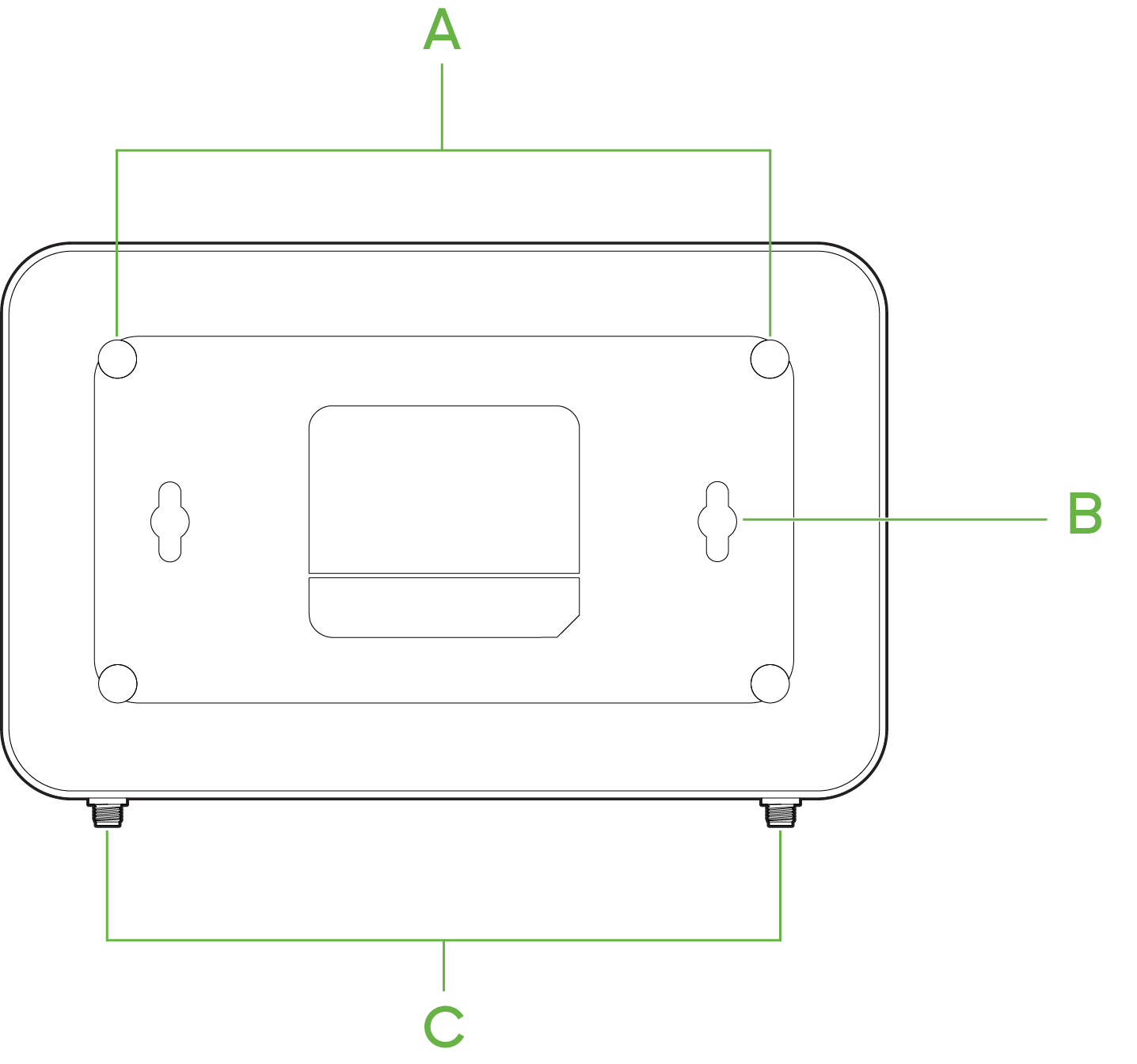 Drawing of the Z4C bottom plate with mounting points outlined.