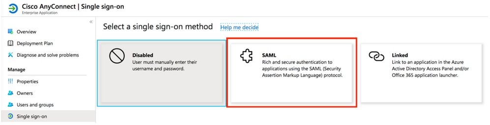 Select single sign-on method as SAML.