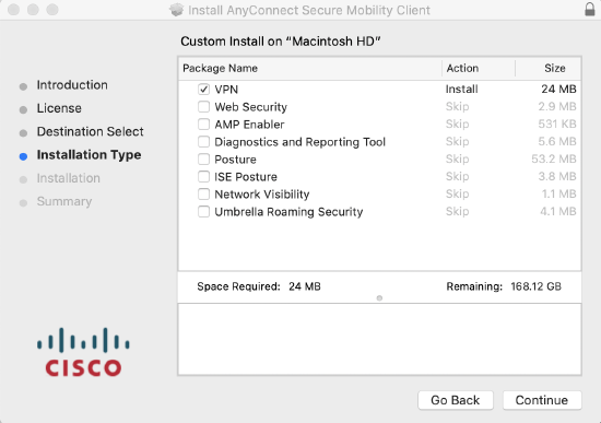 AnyConnect client download selection for VPN installation type.