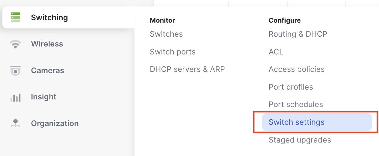 Dashboard navigation to switch settings