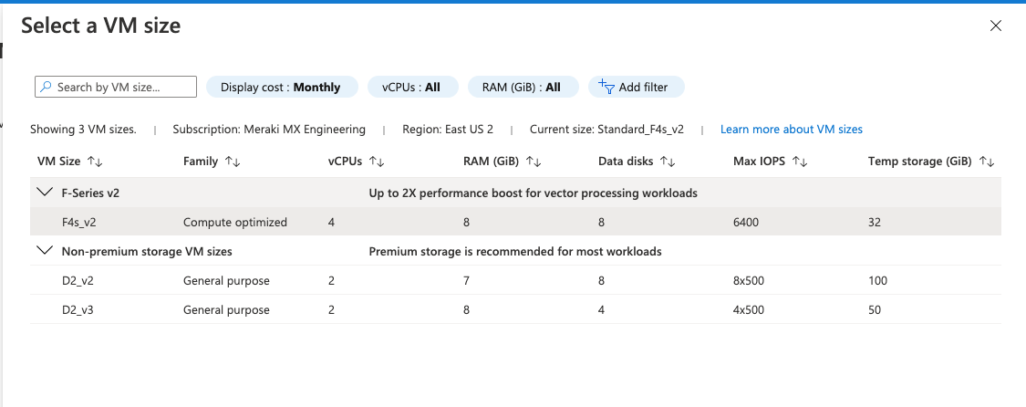 vMX size selection in Azure 