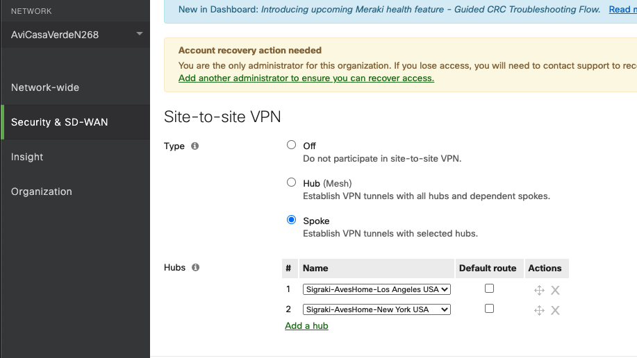 The branch MX needs to be configured as a Spoke on the Site-to-site VPN page, Security & SD-WAN > Configure > Site-to-site VPN, and the deployed connectors need to be configured as Hubs.