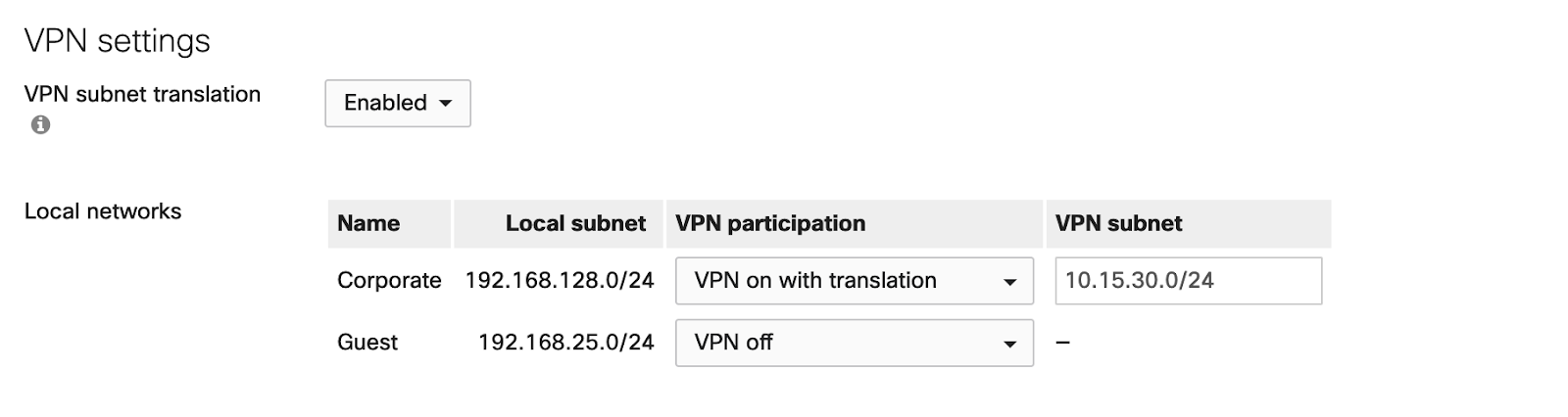 VPN subnet translation enablement in the Dashboard settings