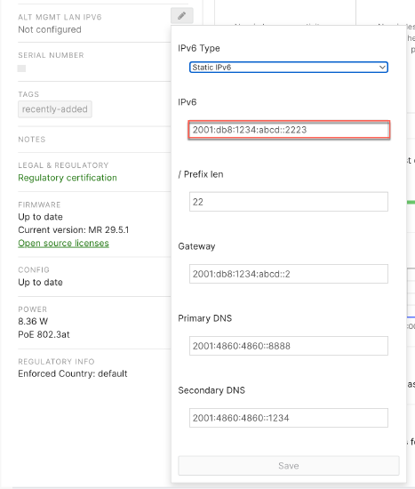 Management Interface set up for IPv6 in device's status page in the Dashboard UI