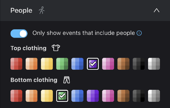 People search filter enabled. Options selected to filter top clothing and bottom clothing by color.