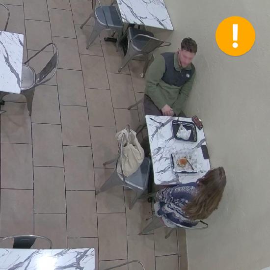 Top down camera angle of two people sitting at a table. Occlusions in the scene can make it challenging for the camera to extract colors and sometimes recognize objects.