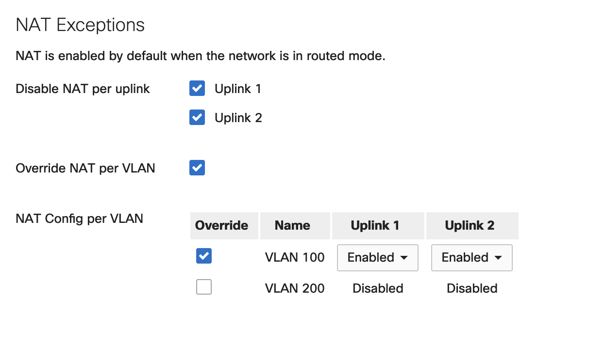 Dashboard UI options where NAT on Uplink 1 i and Uplink 2 ticked as disabled with VLAN override exception
