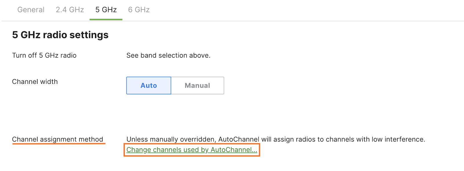Dashboard UI 5GHz radio settings navigaition to channel assingment method -  how to change it to AutoChannel
